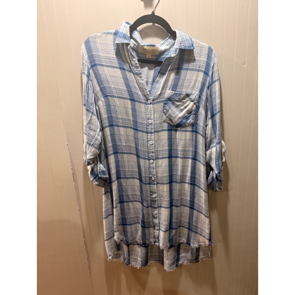 Cloth & Stone Blue White‎ Plaid Frayed Hem Button Down Tunic Shirt Womens Small